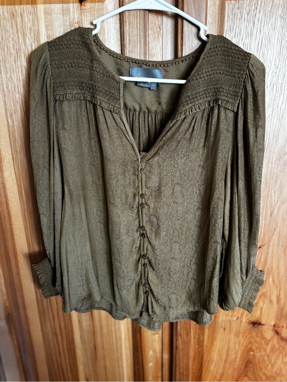 Anthropologie Olive Green Button-Front Smocked Yoke Blouse - SZ Small
